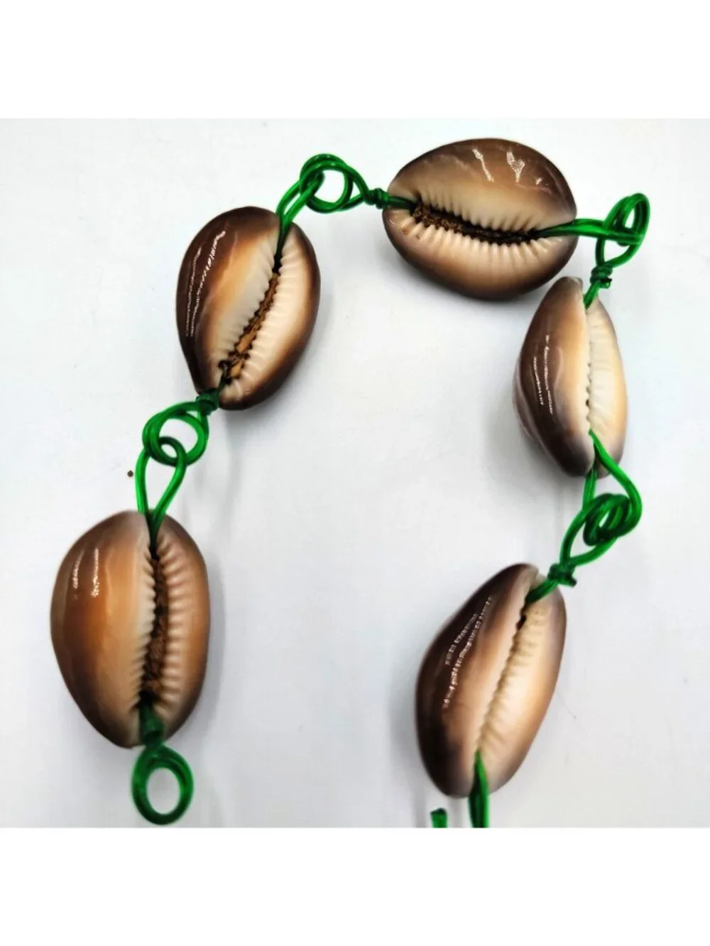 Vintage Handmade Cowrie Shell Bracelet Green Wire Boho Beach Coastal Jewelry